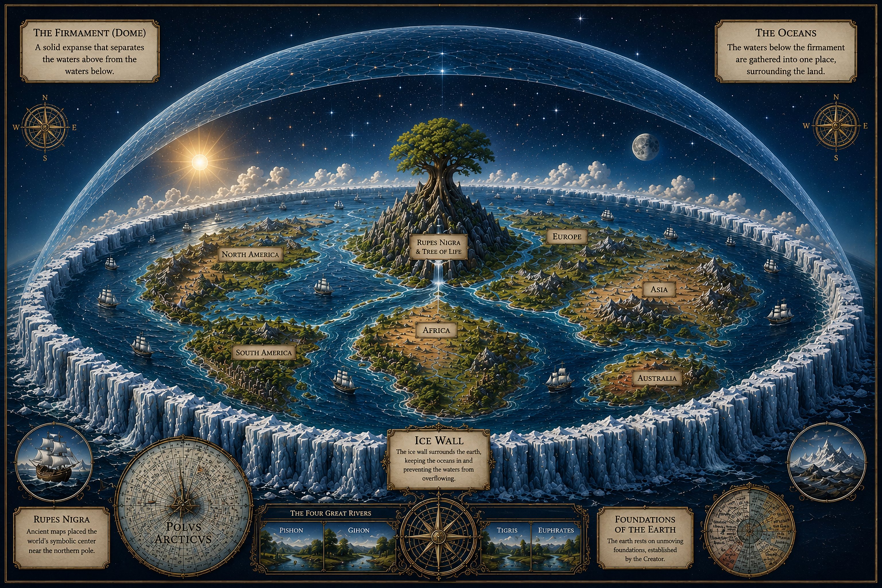 Antique-style illustration of a flat-earth cosmography: a disc of continents under a crystalline firmament dome, ringed by an ice wall, with the Rupes Nigra and Tree of Life at the center and waters above the dome